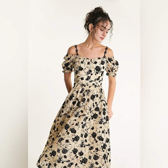 J.ING Cream Off Shoulder Rose Floral Print Midi Dress - Picture 4 of 12